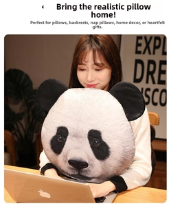 Macro shot of 3D panda head plush pillow with realistic fur texture and soft velvet finish