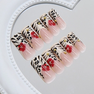 French leopard print press-on nails with red flowers and long square design