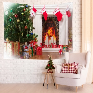 Christmas tapestry with decorated tree, fireplace and gifts on white brick wall background