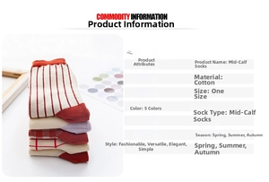 Detail view of five assorted cotton crew socks with stripe and plaid patterns in pastel tones
