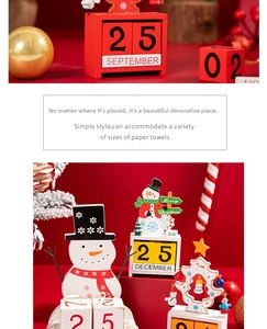 Dettaglio del calendario dell'avvento in legno con figure di pupazzo di neve e renna