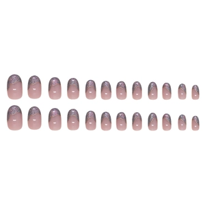 French tip cat eye press-on nails in nude pink with purple glitter wave design