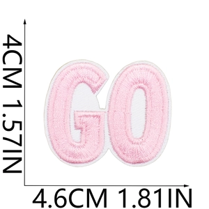 Macro shot of GO embroidered patch in pink with white border, size 4cm x 4.6cm for DIY bags