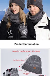 Detailed view of gray striped winter knit set including warm beanie scarf and gloves