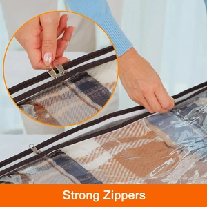 Detail of durable dual metal zippers on non-woven foldable clothing storage bin