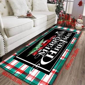 Détail du tapis de Noël 180x60cm avec un camion rouge vintage et des bords écossais