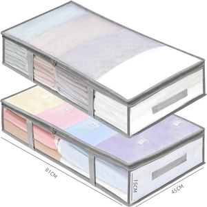 Underbed storage bag 81x45x15cm with large clear window and gray fabric trim