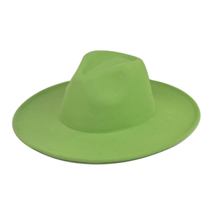 Detailed view of neon green fedora hat showing thick wool felt texture and wide brim