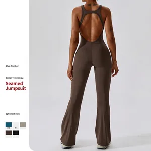 Women Sleeveless Backless Yoga Jumpsuit Nylon Spandex Brushed Fabric Flare Pants Tummy Control Activewear Unitard
