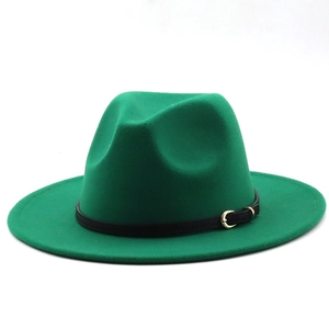 Detail of emerald green jazz fedora with flat brim and black belt with gold buckle