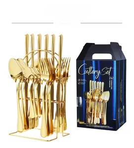 24-piece golden stainless steel cutlery set with storage rack and elegant blue gift box