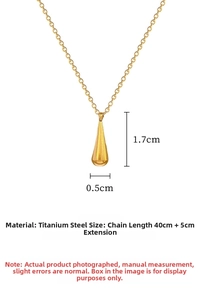 Detailed view of titanium steel teardrop pendant with dimensions 1.7x0.5cm and chain length