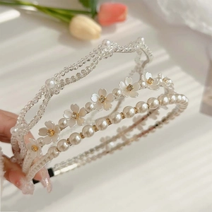 Elegant Double Layered Headband With Faux Artificial Pearl Crystal Rhinestone Floral Design For Women French Style Hair Accessory