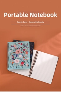 Detail of A5 spiral notebook featuring light blue floral cover and lined inner pages