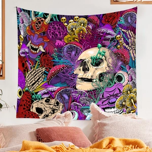 Detailed psychedelic skull and mushroom patterns on a vibrant bohemian wall tapestry