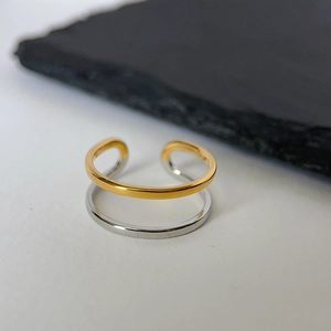 Macro shot of two-tone double layer titanium steel ring on a minimalist stone background