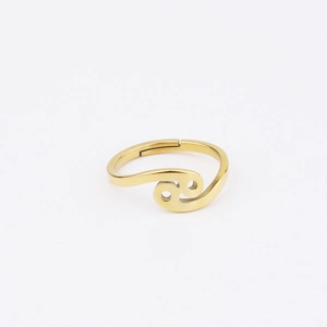Close-up of golden stainless steel Cancer zodiac ring with matte finish and open band