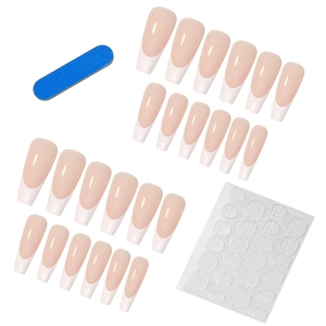 Pink French ballerina press-on nails set with white tips, 24 pieces and glue stickers