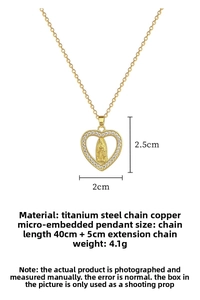 Detail view of gold heart Virgin Mary pendant necklace with size and weight dimensions