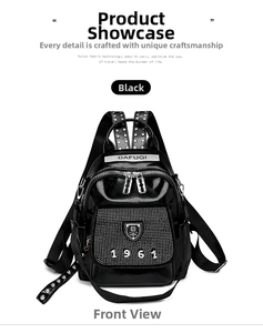 Front detail of black glossy backpack with rivet decor and 1961 brand logo lettering