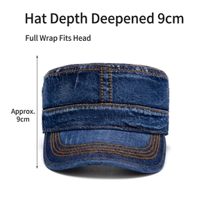 Blue washed denim military flat top cap with 9cm deep crown and yellow double stitching