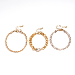 3er-Set goldene geometrische Metallarmbänder mit Strass und kubanischem Kettenstil