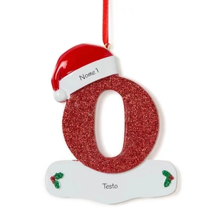 Macro detail of red glitter letter O Christmas tree ornament with customizable name plate