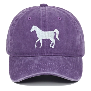 Vintage purple cotton baseball cap featuring white horse embroidery and washed texture