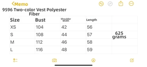 Size chart detail for loose faux shearling vest showing measurements for XS to L