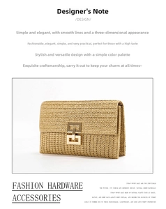 Detail view of woven straw clutch bag with high quality gold rectangular metal twist lock