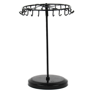 Rotating black metal jewelry stand with multi-hook top and stable round base