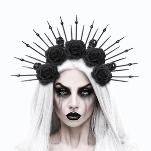 Gothic Halo Crown Headband Black Rose Skull Sunburst Spike Halloween Cosplay Costume Accessory For Women