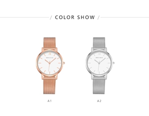 Détail des montres MREURIO à quartz minimalistes avec bracelets en maille milanaise or rose et argent