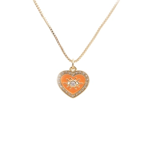 Golden box chain necklace with orange enamel heart pendant featuring a crystal evil eye