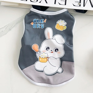 Detail of pet summer vest featuring a cartoon rabbit print and white mesh trimming
