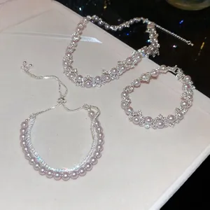 French vintage lavender pearl necklace and bracelet set with cubic zirconia accents