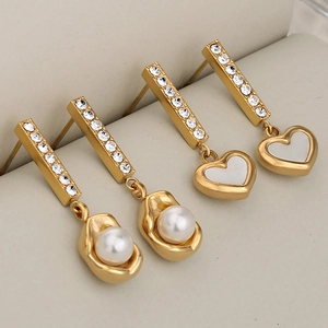 Elegant Drop Earrings Stainless Steel Rhinestone Inlaid Imitation Artificial Pearl Heart Peanut Shell Fashion Jewelry For Women