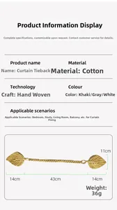Macro view of handmade cotton leaf curtain tieback with detailed size measurements