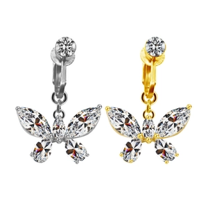 Clips de nombril papillon non percés avec cristaux brillants en or et en argent