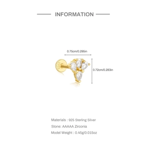 Detail of 925 sterling silver stud with 5 teardrop zircons and size specifications