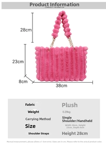 Detailed size specifications for the fuzzy plush tote bag with shoulder strap dimensions
