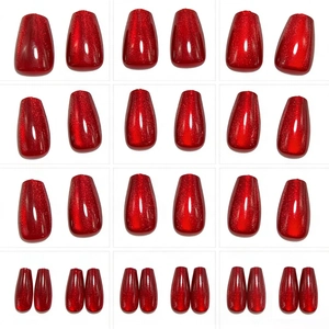 30-piece long coffin-shaped cherry red cat eye press-on nails with shimmering metallic finish