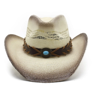 Chapeau de cowboy en paille tressée avec bande en cuir marron et pierre turquoise