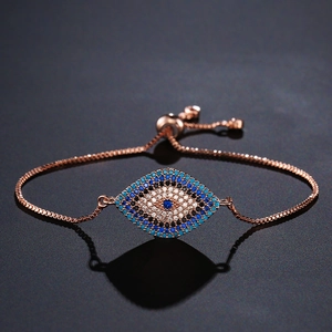 Macro view of evil eye bracelet with rose gold plating and zircon stones inlay
