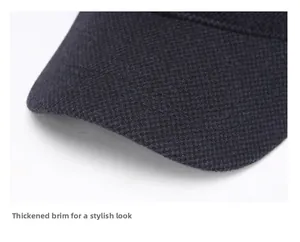 Detail of shaped thickened brim on winter warm baseball cap with knitted texture