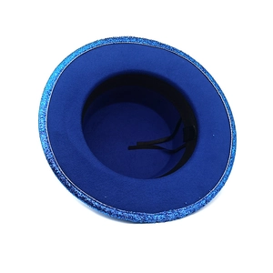 Royal blue wool fedora hat with sparkly sequined brim for parties and stage performance