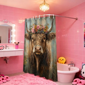 Waterproof polyester shower curtain featuring artistic highland cow with pink floral crown