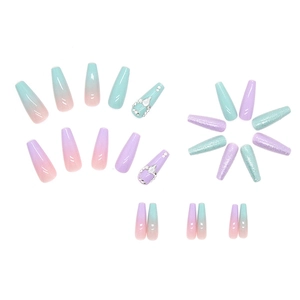Press-on nail set with crystal rhinestones in milk green and taro purple gradients