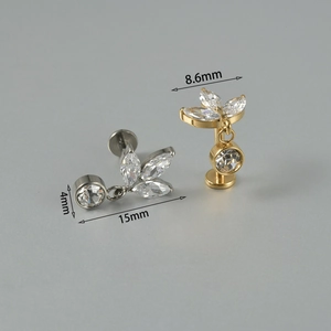 Stud de labret en titane avec zircons marquise et pendentif feuille en or et argent