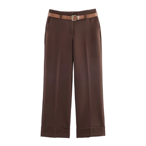Dark brown wide-leg trousers with thin belt and rolled cuffs on a white background